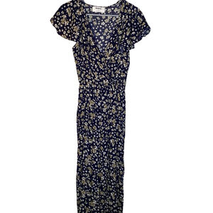 Anthropologie Kindred Jumpsuit Women Navy Blue Sz S Floral Wide Leg Boho EUC